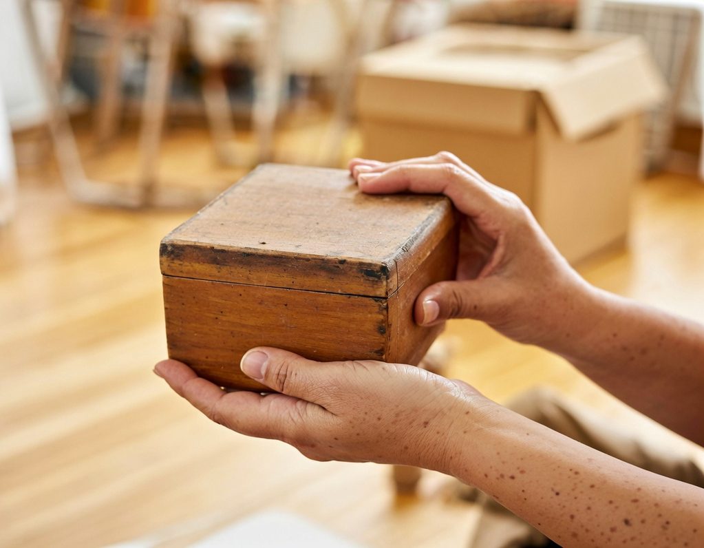 Eine Person hält eine kleine, rustikale Holzbox in Händen.